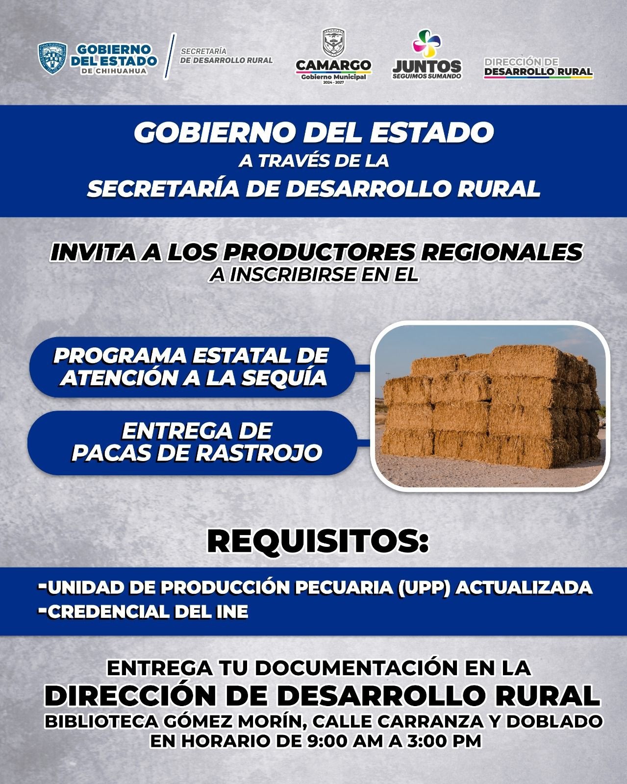 Gobierno Municipal y Estatal lanzan convocatoria de pacas de rastrojo a productores de Camargo