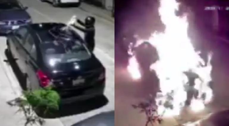 Momento en que extorsionador prendió fuego a carro