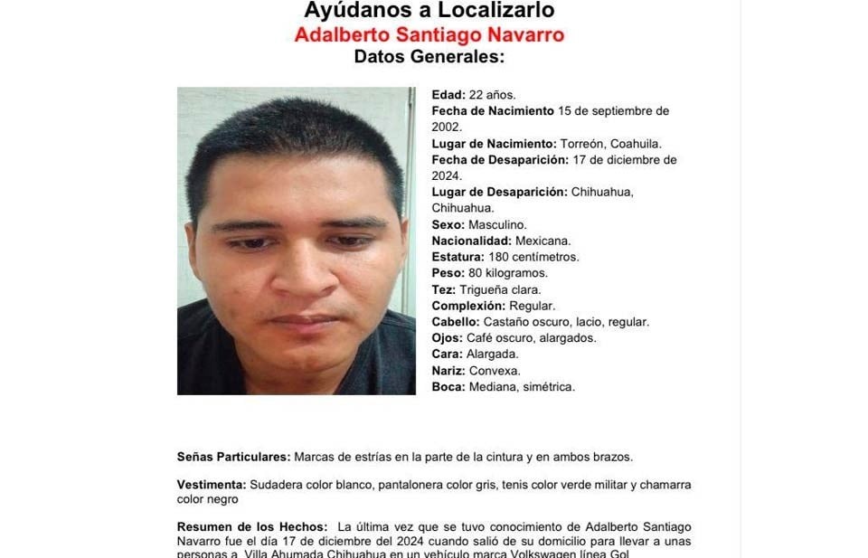 Desaparece en Chihuahua Adalberto, originario de Torreón