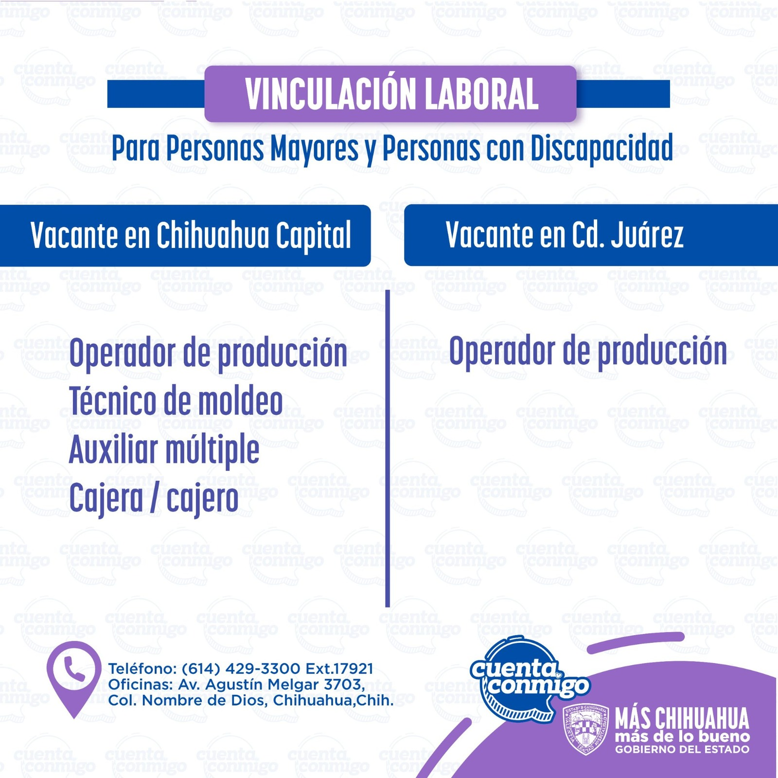 nuncian vacantes para adultos mayores o personas con discapacidad en las ciudades de Chihuahua y Juárez