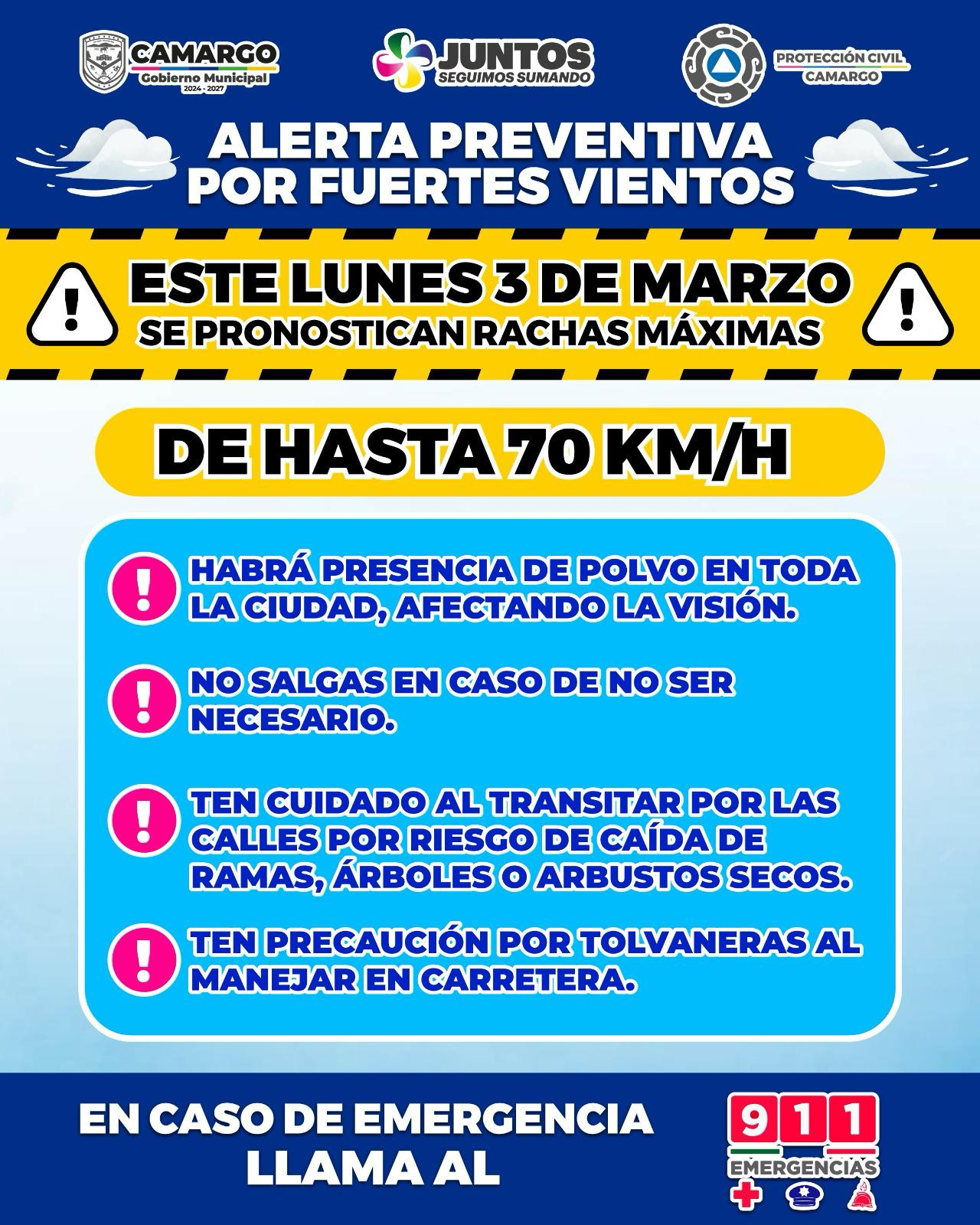 ⚠️ ALERTA PREVENTIVA POR FUERTES VIENTOS ⚠️