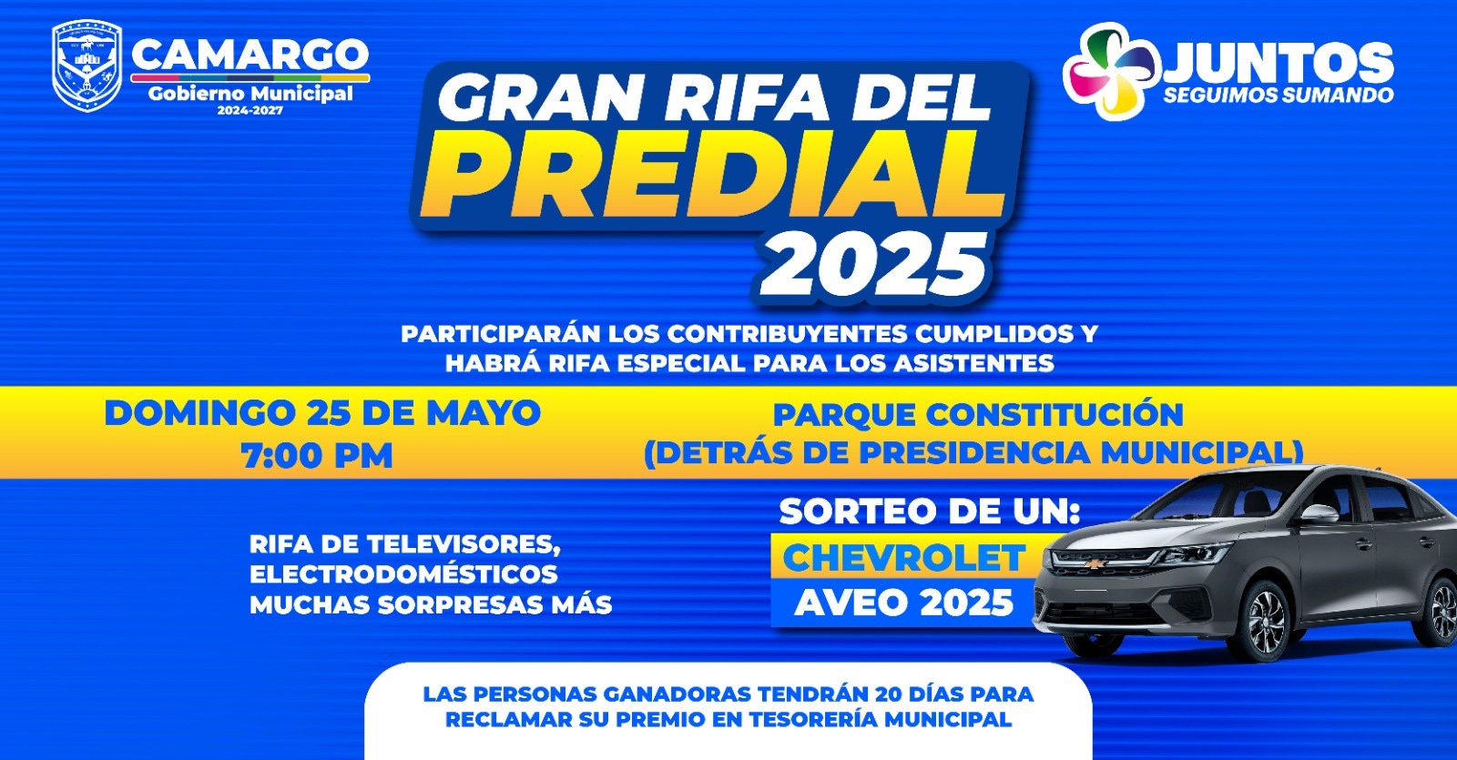 Invitan al Gran Sorteo del Predial en Camargo, este domingo a las 7:00 pm detrás de presidencia municipal