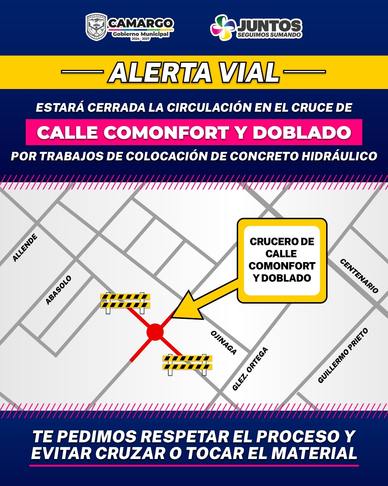 Alerta vial por colocación de concreto hidráulico en cruce de calle Comonfort y Doblado