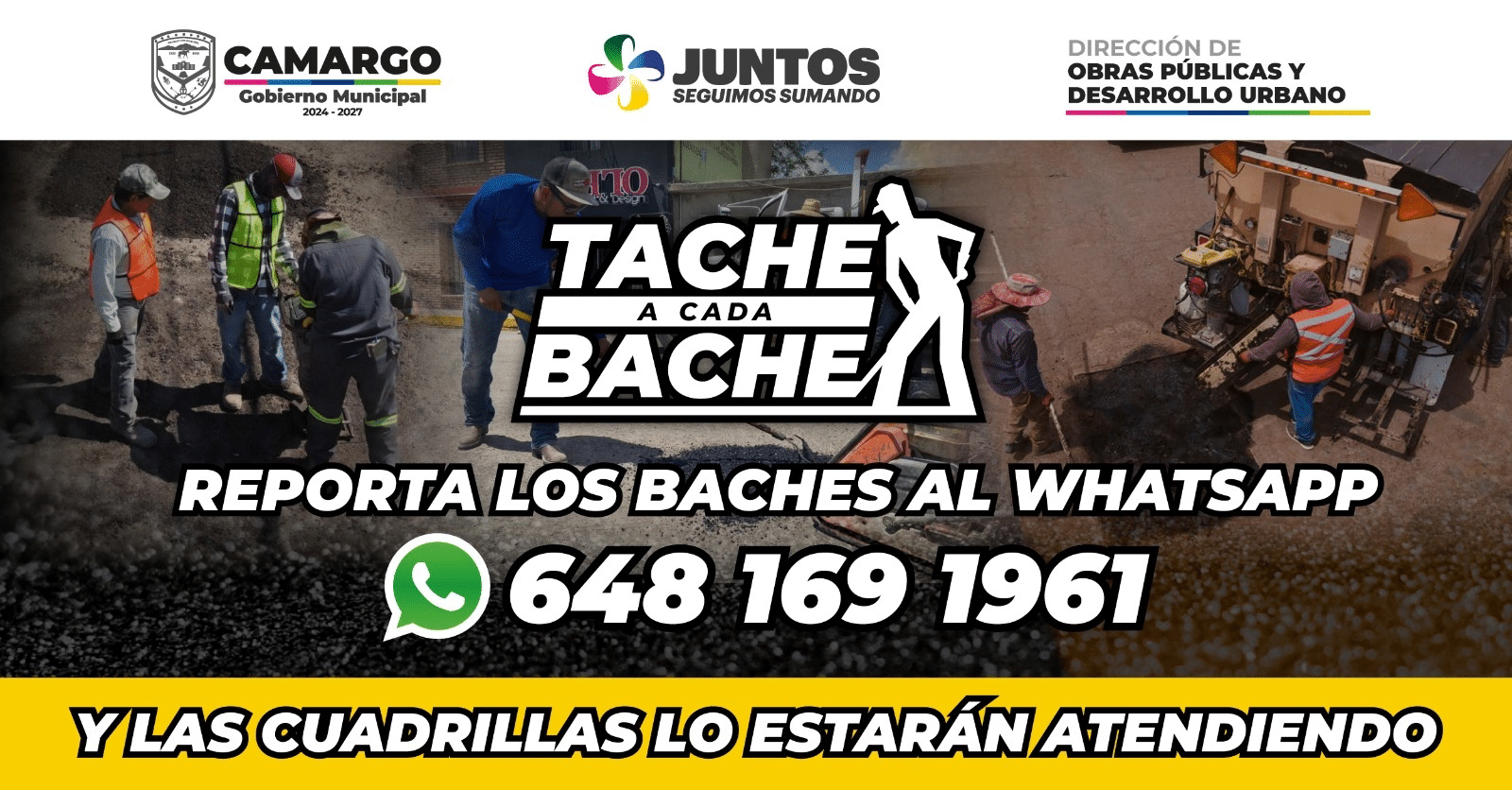 Gobierno municipal activa número vía WhatsApp para reportar baches en Camargo