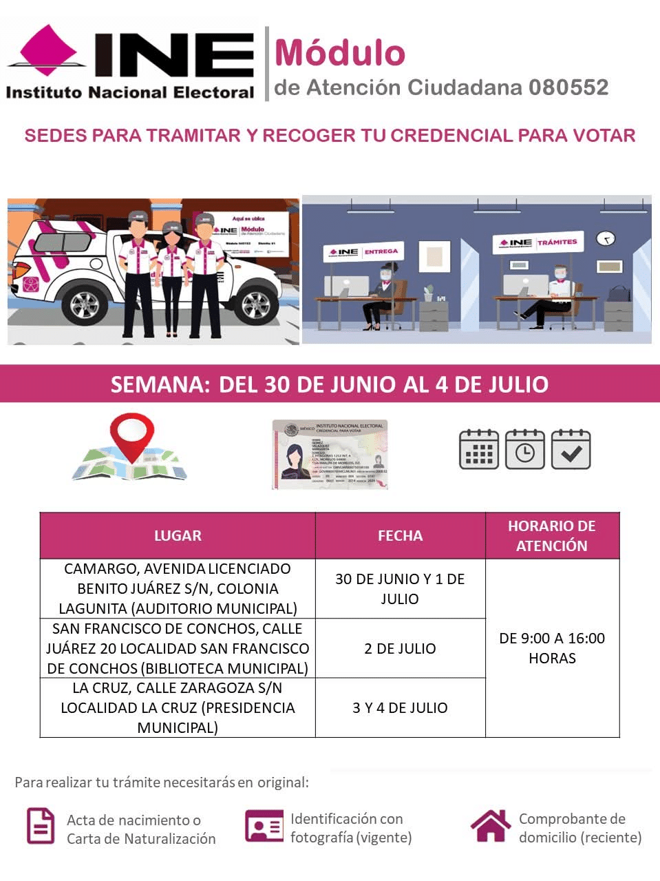 Atenderá el módulo del INE este jueves y viernes en la Presidencia Municipal de La Cruz