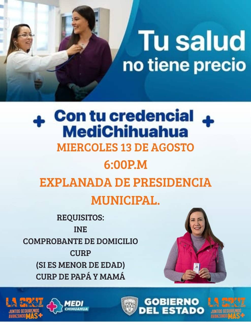 Este miércoles a las 6 p.m estará el módulo de credencialización de MediChihuahua en La Cruz