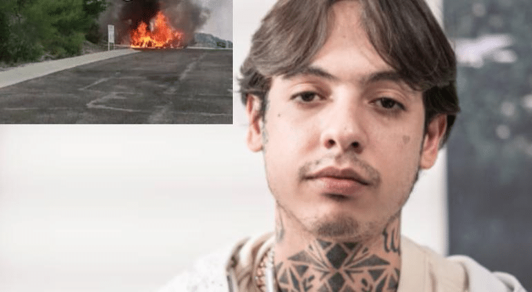 ¡Con él dentro! Se incendió camioneta de Natanael Cano; así momento