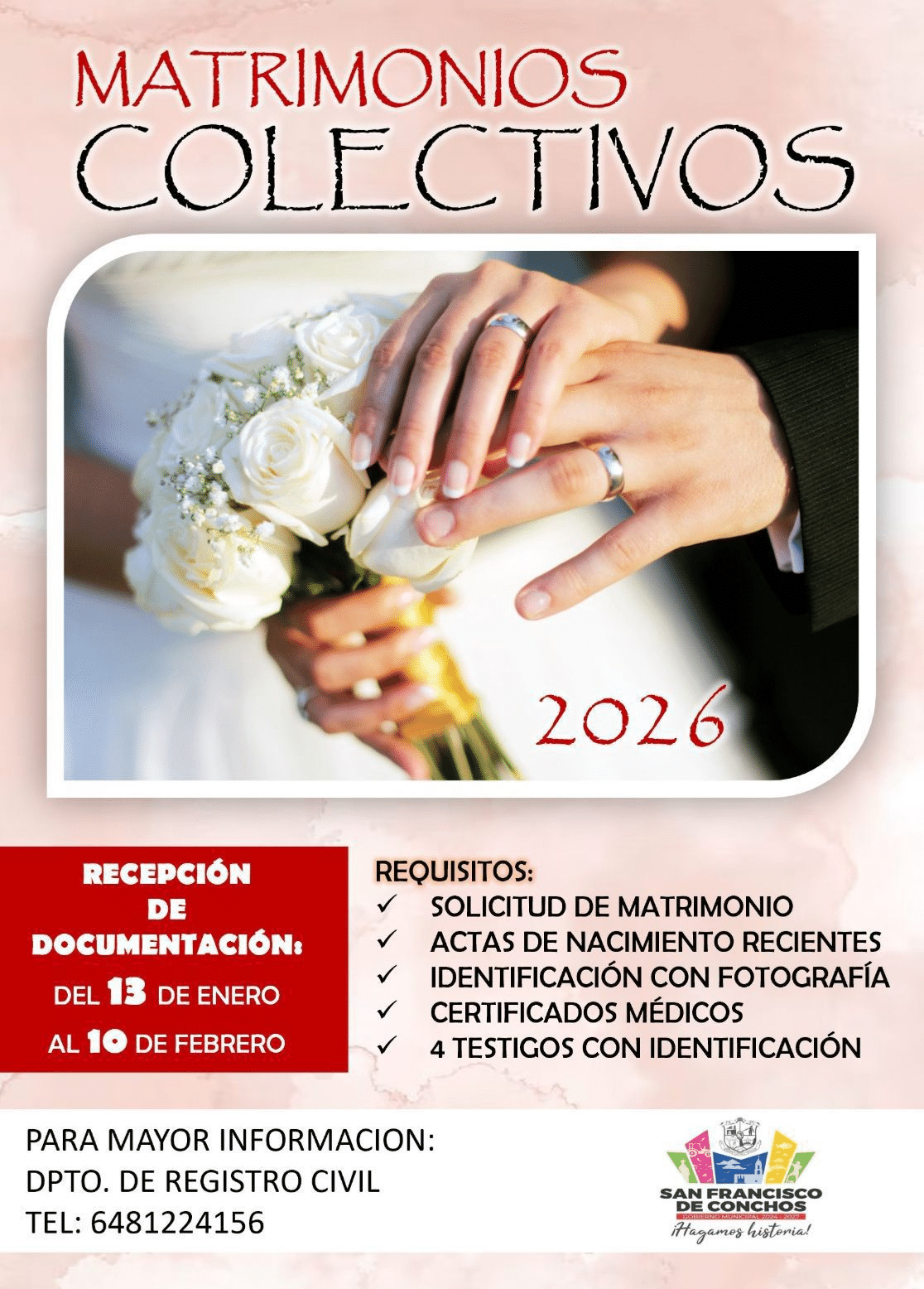 Convoca Gobierno de San Francisco de Conchos a Matrimonios Colectivos 2026