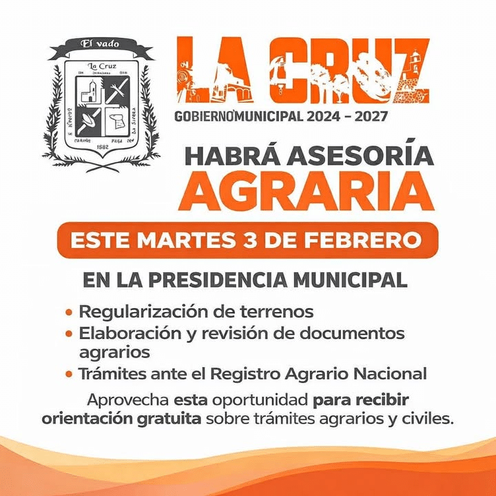 Habrá asesoría agraria este martes 3 de febrero en la Presidencia Municipal en La Cruz