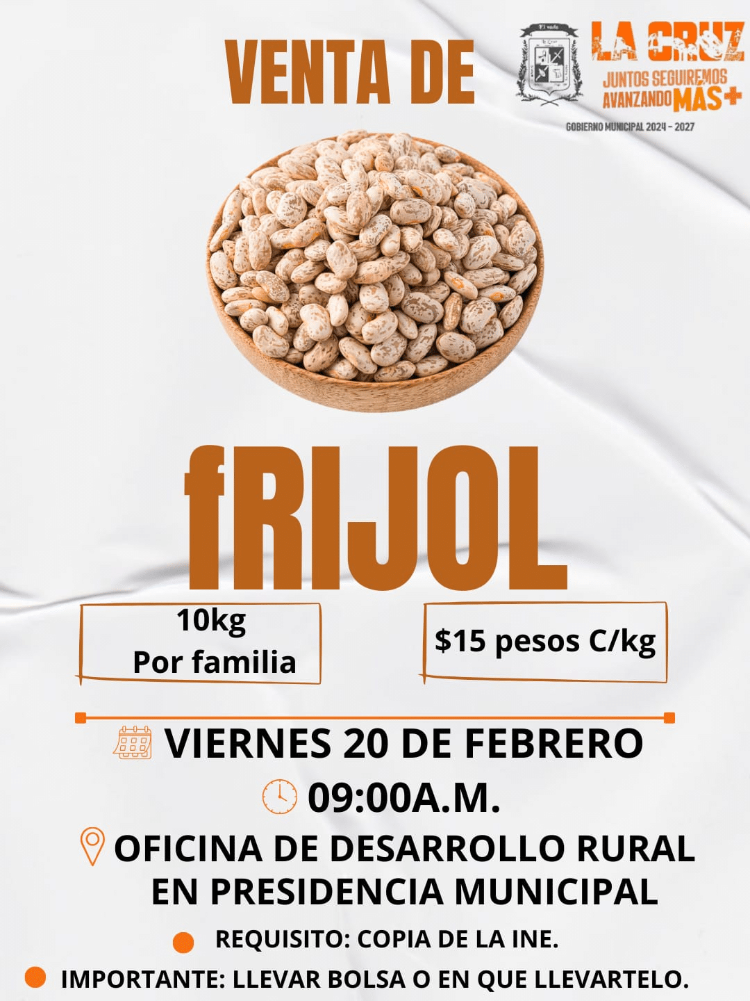 Gobierno Municipal de La Cruz realizará venta de frijol a bajo costo