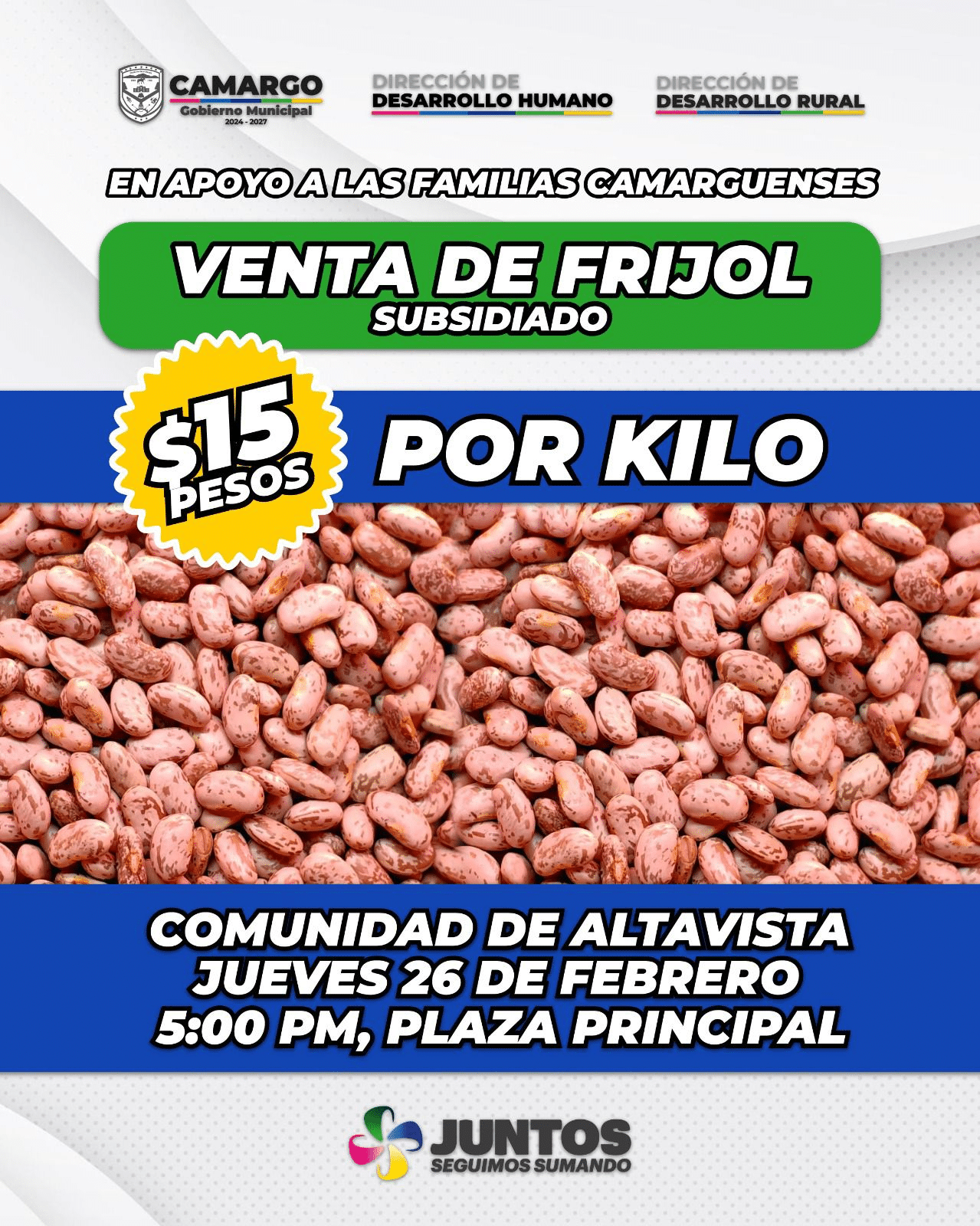 Gobierno Municipal invita este jueves en Altavista a venta de frijol subsidiado en beneficio de las familias camarguenses