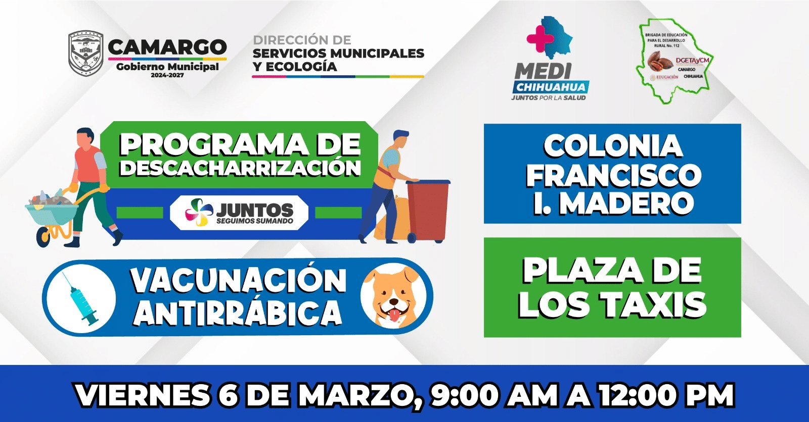 Realizará Municipio programa de descacharrización y vacunación antirrábica en la Plaza de los Taxis de la colonia Francisco I. Madero hoy viernes