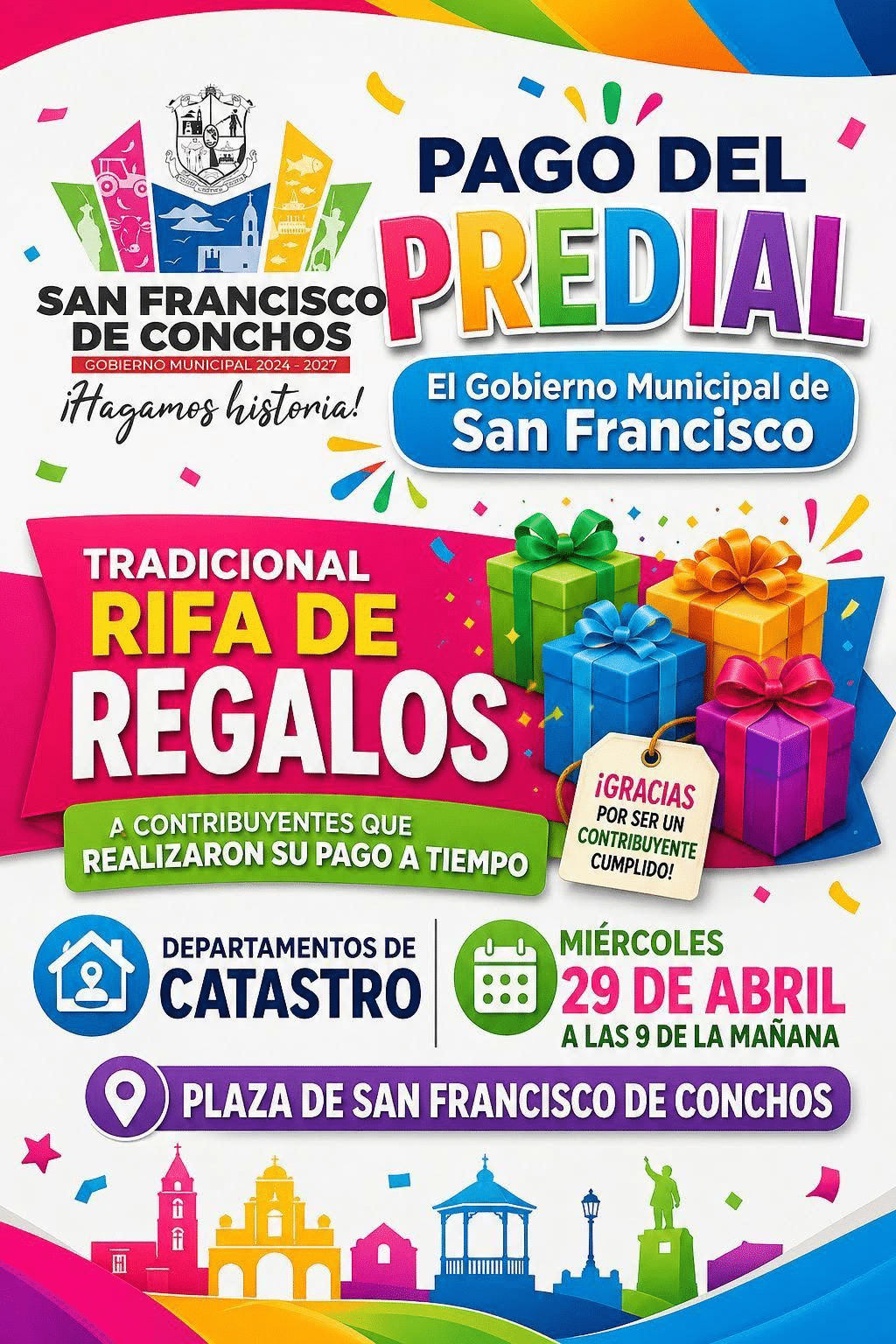Este miércoles, gran rifa de regalos a contribuyentes cumplidos del Predial en San Francisco de Conchos