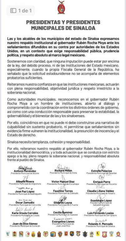 Respaldan alcaldes de Sinaloa a Rocha Moya tras acusaciones de EU