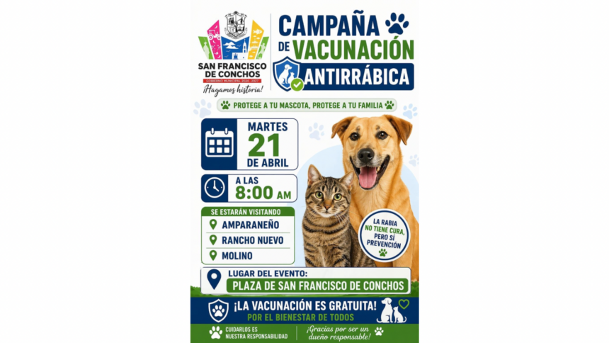 Invitan a campaña de vacunación antirrábica en San Francisco de Conchos este martes