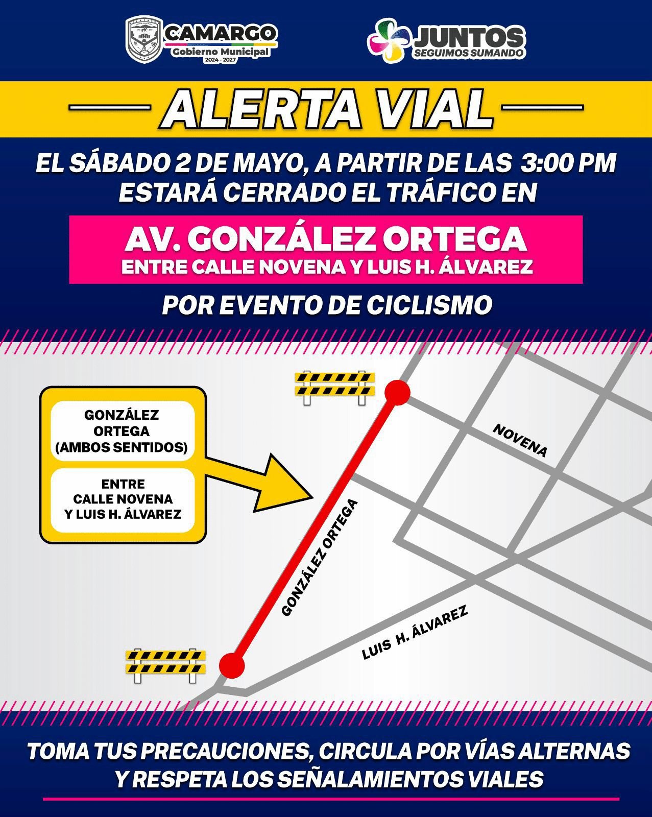 Gobierno Municipal emite alerta vial por cierre de la avenida González Ortega este sábado 2 de mayo a partir de las 3:00 pm