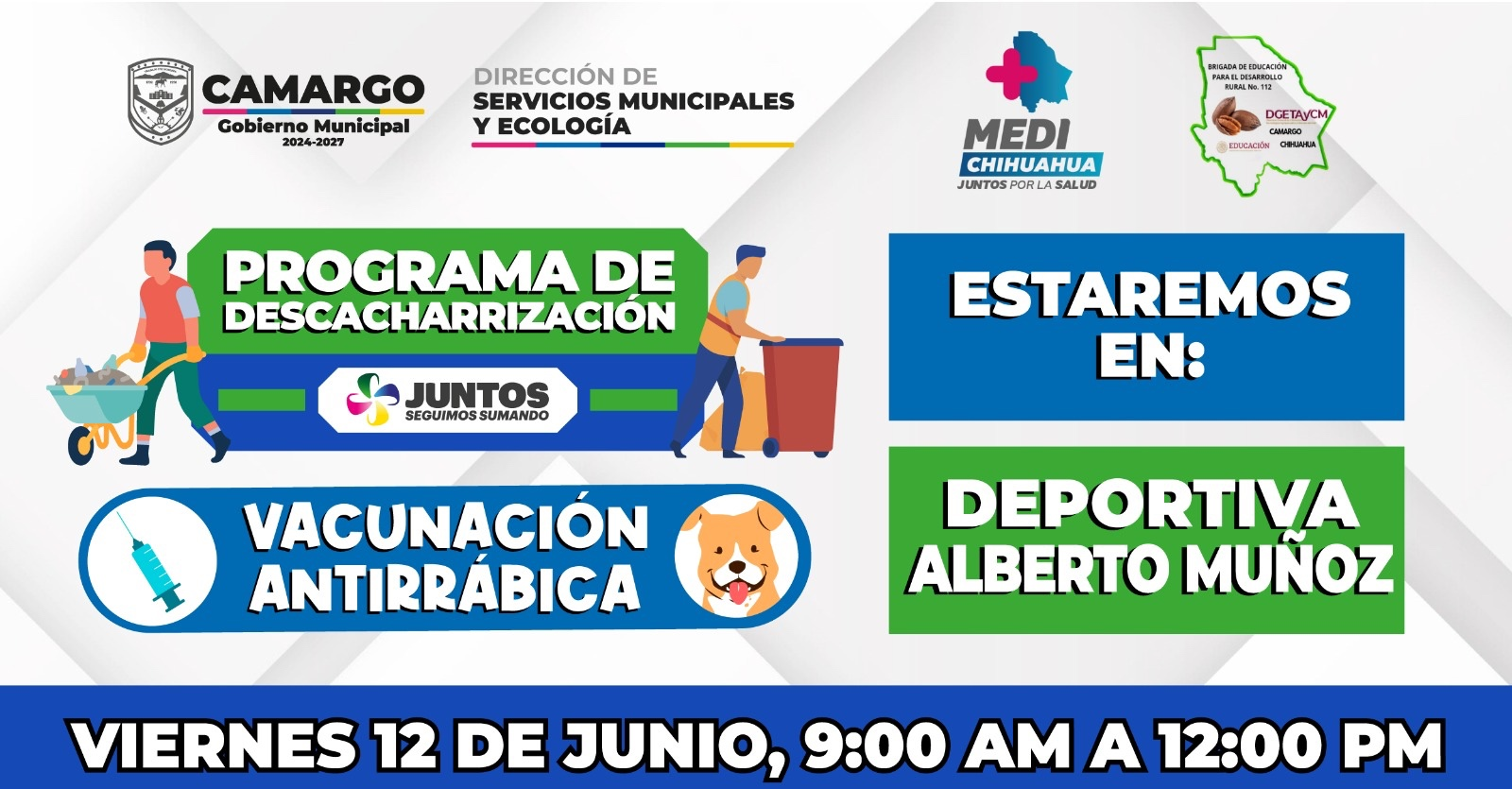 Gobierno Municipal de Camargo invita a jornada de descacharrización y vacunación antirrábica en la Deportiva Alberto Muñoz este viernes