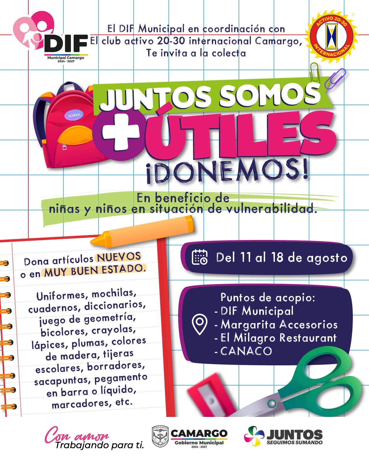 DIF Municipal y Club activo 20-30 Camargo unen esfuerzos para impulsar campaña de recolección de útiles escolares